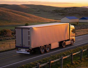 Firefly_A long-haul truck driving on a quiet countryside road at sunset, rolling hills, warm 572898-1